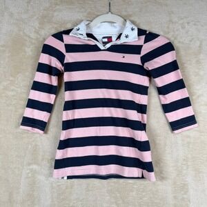 Tommy Hilfiger Girls Pink Navy Striped Polo Rugby Dress Shirt Size 4T